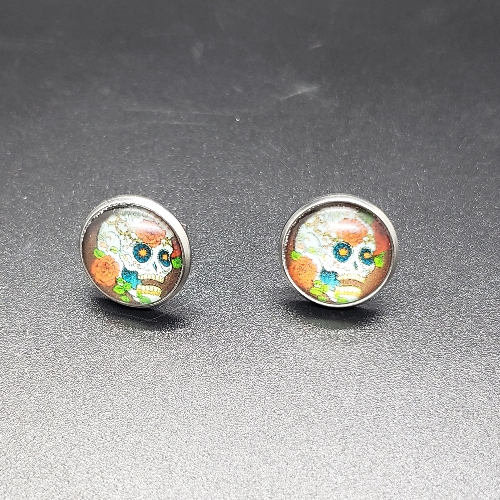 Sugar Skull Rose Covered Stud Earrings